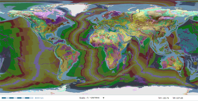 Ekranski posnetek portala OneGeology s karto CGMW 1:25M. Geološke enote predstavljene s 40-odstotno prosojnostjo. 