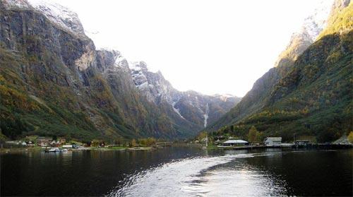 Looking back to Gudvangen village from Nærøyfjord (narrow fjord), Norway. © Richard Burt