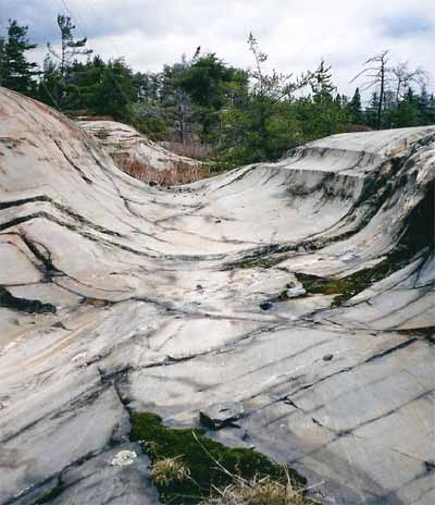 Long grooves carved in bedrock by glacial ice and water, Whitefish Falls, Ontario, Canada. © Abigail Burt