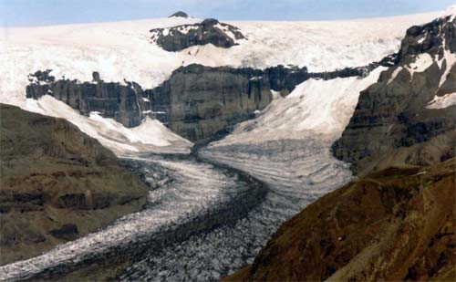 There is a long ridge of sediment running down the middle of the glacier.  It will form a medial moraine when the glacier melts.