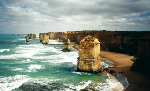 Sea stacks form when arches collapse.  These sea stacks are called the 12 Apostles.  Port Campbell National Park, Victoria, Australia. © Amanda Matson