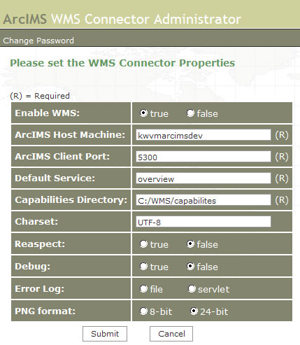 ArcIMS WMS connector properties dialogue window