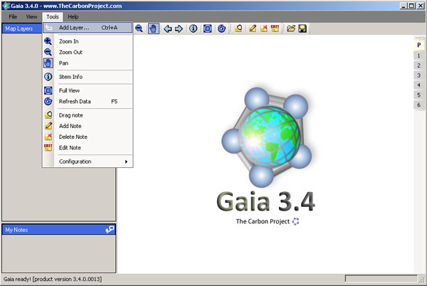 Default view of Gaia 3.4, showing menu options to add WMS services
