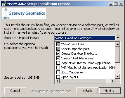 NSIS installer dialogue window showing minimum options required to install MapServer and Apache